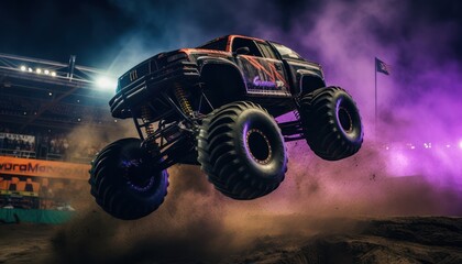 Photo of a monster truck soaring through the sky above a rugged dirt field