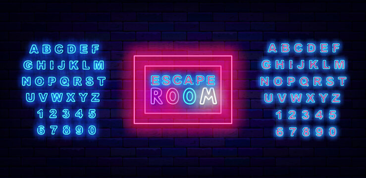 Escape room neon label. Pink frame. Quest emblem. Game zone. Colorful handwritten text. Vector stock illustration