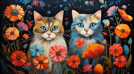 Illustration of two cats enjoying a sunny day in a colorful flower-filled field created with Generative AI technology