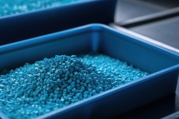 Blaues Kunststoffgranulat wird zu neuem, wiederverwendetem Material. Recycelter Kunststoff mit Farben für die Recyclingfabrik
