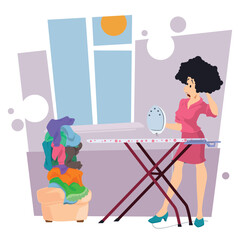 Housewife woman ironing clothes. Illustration for internet and mobile website.