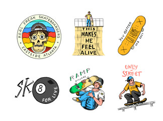 Skateboard shop set. Skeletons ride on the boards. Fiery head and skull. Vintage retro labels and badges for t-shirts and typography. Hand Drawn engraved sketch