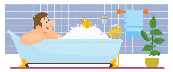 Man is washing in bathroom. Illustration for internet and mobile website.