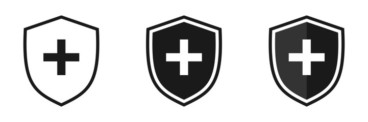 Shield to protect health. Cross with shield. Set of illustrations
