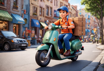 Fototapeta na wymiar Delivery man on a motor scooter with cargo boxes. Generative AI