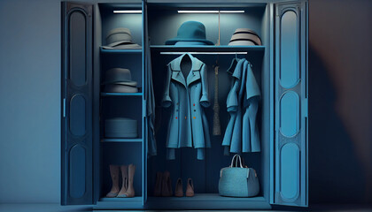 Modern wardrobe with stylish blue clothes and accessories. Rack with female clothes, Ai generated image