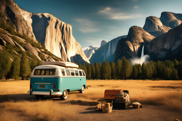 bus in the mountains, Step Back in Time with a Captivating Professional Snapshot of Retro Camping Beauty - obrazy, fototapety, plakaty