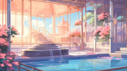 Anime-style illustration of a beautiful outdoor bath house - obrazy, fototapety, plakaty