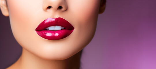 Closeup Of Woman Model Lips With Purple Shiny Lipstick and perfect skin On Purple Background With Copy Space. Ai Generated