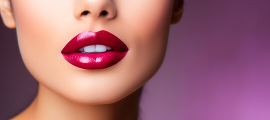 Obraz premium Closeup Of Woman Model Lips With Purple Shiny Lipstick and perfect skin On Purple Background With Copy Space. Ai Generated