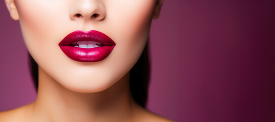 Closeup Of Woman Model Lips With Purple Shiny Lipstick On Purple Background With Copy Space. Ai Generated
