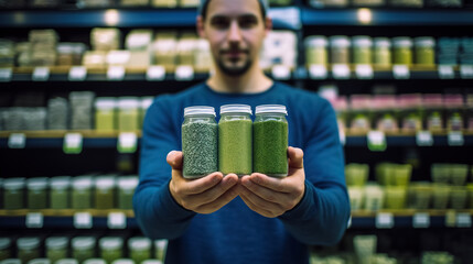 A man is holding bottles with green and blue matcha powders in front of store shelves filled with similar products.