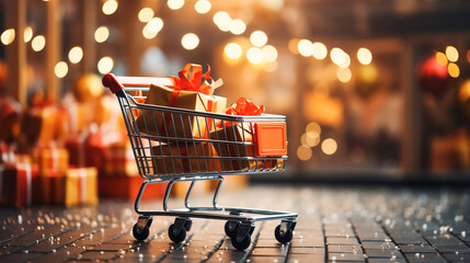 Shopping cart with gifts and purchases against. Concept of online shopping, sales season
