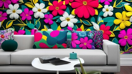 interior of living room with modern sofa and floral design on walls