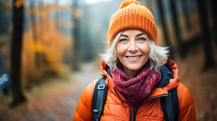 Positive cheerful woman in orange hat enjoying walk outdoors in autumn forest. Happy older woman looks at camera smiles