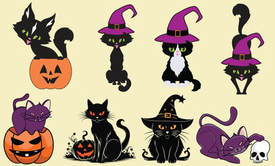 Cute Kittens Cats with Witch Hats-Kawaii Cats with Pumpkins are Celebrating Halloween Graphic Bundle Vector