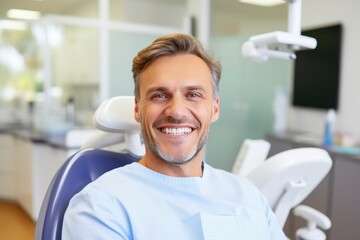 A man smiling in a dentist chair created with Generative AI technology