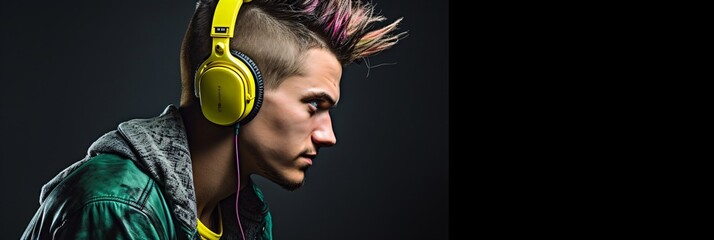 Medium Shot of a Contemporary Punk Rock Man Immersed in Music with Copyspace Area