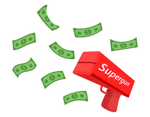 A money gun shoots bills in the air. Money machine gun. The red gun is shot into the air with green bills. Vector illustration