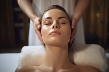 Naklejka premium A woman receiving a relaxing head massage at a luxury spa created with Generative AI technology