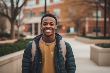 Smiling portrait of a young happy african american male student on a college campus