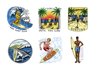 Surf badge, Vintage Surfer logo. Retro Wave and palm. Summer California pins set. Man on the surfboard, beach and sea. Engraved emblem hand drawn. Banner or poster. Sports in Hawaii.