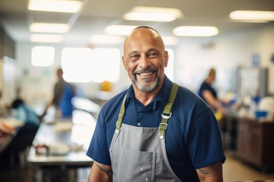 Portrait Of A Smiling African American School Janitor In A High School Or Elementary School