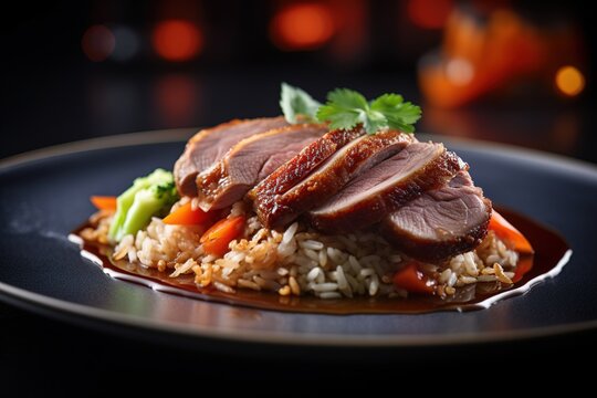 Ente mit Reis, Gemüse und Chop Suey. Essen beim China Restaurant. Chinesische Ente auf Reisbett als leckeres asiatisches Gericht 