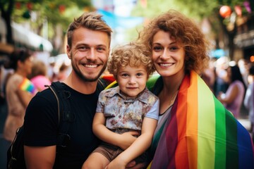 Obraz na płótnie Canvas Smiling portrait of a happy young Caucasian family at a pride parade in the city