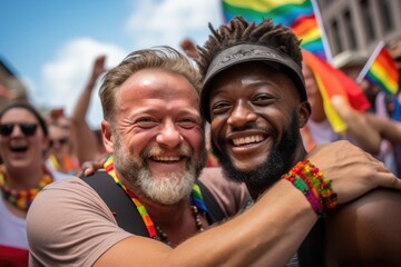Smiling portrait of a happy diverse male couple at a pride parade in the city