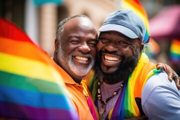 Smiling portrait of a happy african american male couple at a pride parade in the city