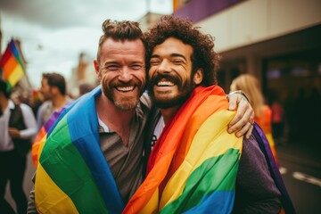 Smiling portrait of a happy diverse couple at a pride parade in the city