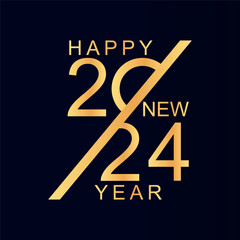 Happy new 2024 year. Luxury elegant gold text with light. Minimalist template. Cover of business diary for with wishes. Brochure design template, poster, banner. Vector isolated on blue background