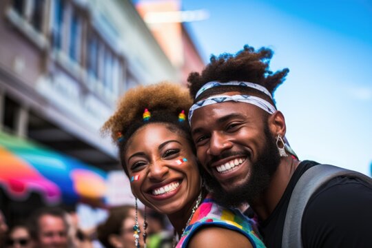 Smiling Portrait Of A Happy African American Couple At A Pride Parade In The City