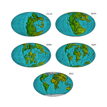 Plate tectonics on the planet Earth. Pangaea. Continental drift. Supercontinent at 250 Ma. Era of the dinosaurs. Jurassic period. Mesozoic. Hand drawn sketch for typography. Vintage engraving style.