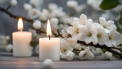 beautiful white flowering branch and 3 white candle lights outside in a garden, floral concept with burning candles decoration for contemplative athmosphere background