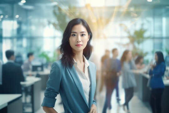 Caucasian Woman Beautiful In Office Interior Backdrop Generative AI