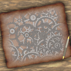 diagram of an old mechanism on a wooden background illustration
