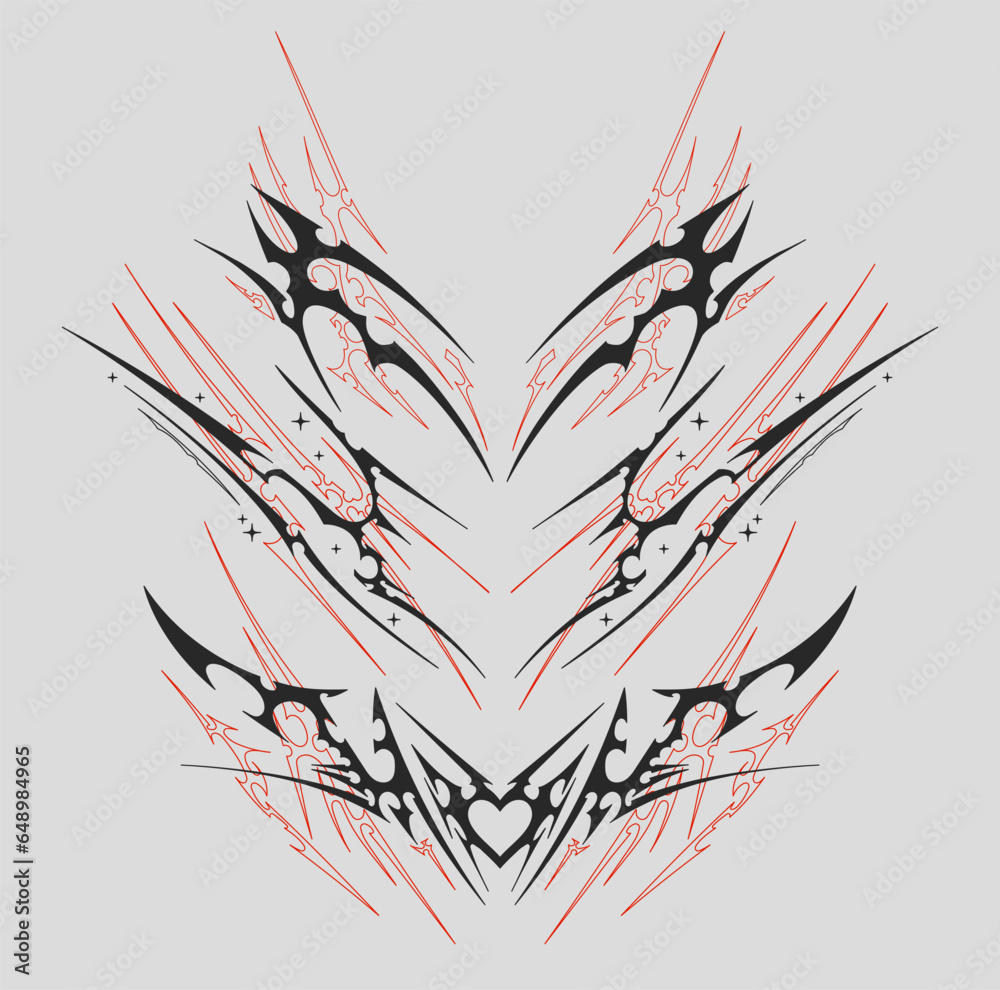 Wall mural Neo Tribal symmetrical shapes. Cyber sigilism elements, gothic y2k sharp spikes with bones. Vector shape set