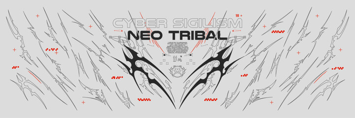 Collection of Neo Tribal symmetrical shapes. Cyber sigilism elements, gothic y2k sharp spikes with bones. Vector shape set