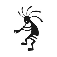 Kokopelli fertility deity vector illustration. Tribal black aztec symbol tattoo. Black Kokopelli with flute isolated on white.