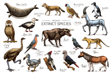 Extinct species. Wild mammal animals and birds. Dodo, Moa, Tasmanian wolf, Quagga. Aurochs. Blue antelope. Hand drawn vector engraved sketch. Graphic vintage style.  © artbalitskiy