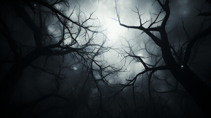 Scary and spooky Halloween atmosphere - fog and mist - trees bent and contorted - Halloween background