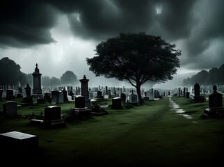 Photorealistic cemetery dark storm horror cinematic UHD