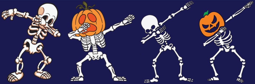 Dabbing Halloween Skeletons with The Head of Pumpkin Set Halloween Background