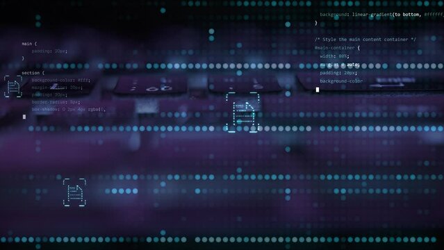 animation of coding programming software code with file icons glowing with real keyboard footage in background
