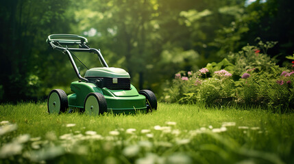 Lawn mowing in a green garden