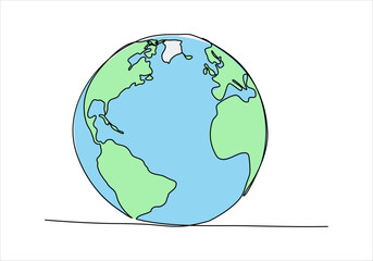 Earth planet one line drawing colored with pastel colors. Vector illustration.