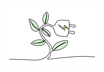 Plant with plug on the place of flower. One line drawing colored with pastel colors. Vector illustration.