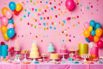 Birthday balloons and happy birthday cake with colorful candles